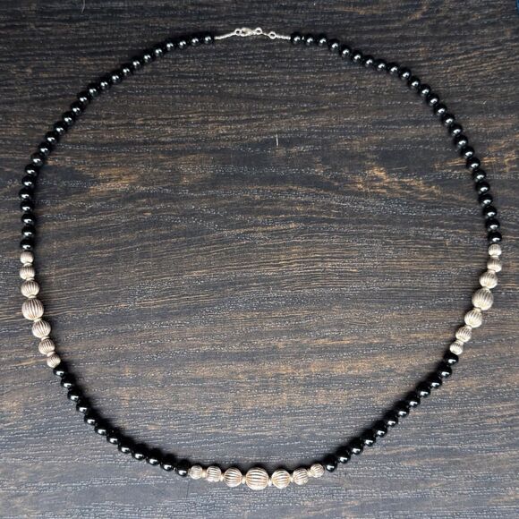 Vintage Sterling Silver Native Pearl Black Onyx Beaded Necklace 34in Chain 925 - Picture 13 of 16
